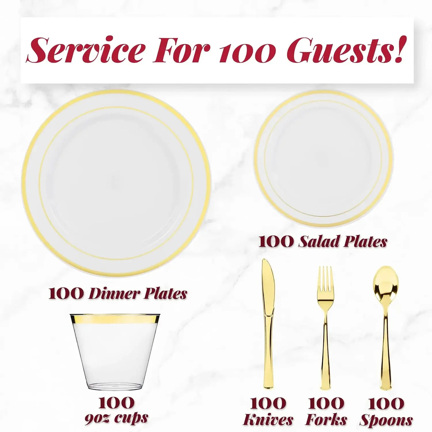 Disposable Flatware 600 Piece Gold Plastic Dinnerware Set 100 Guests Plates for Party 231115