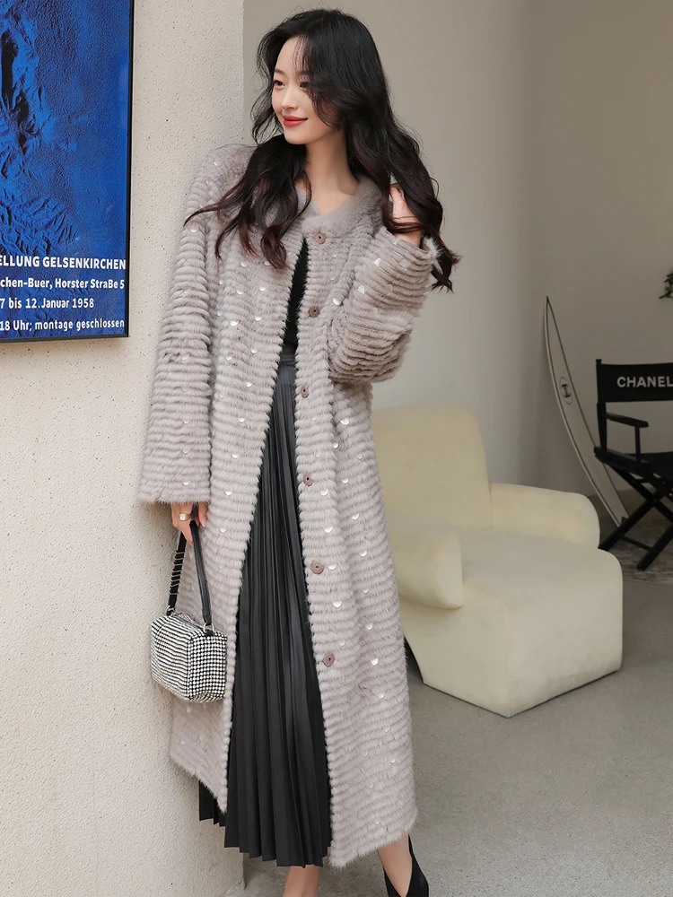 Women's Fur Faux HDHOHR 2023 High Quality Knitted Mink Coats Fashion Natural Jacket Mermaid decoration Long Winter Female Warm Coat 231114