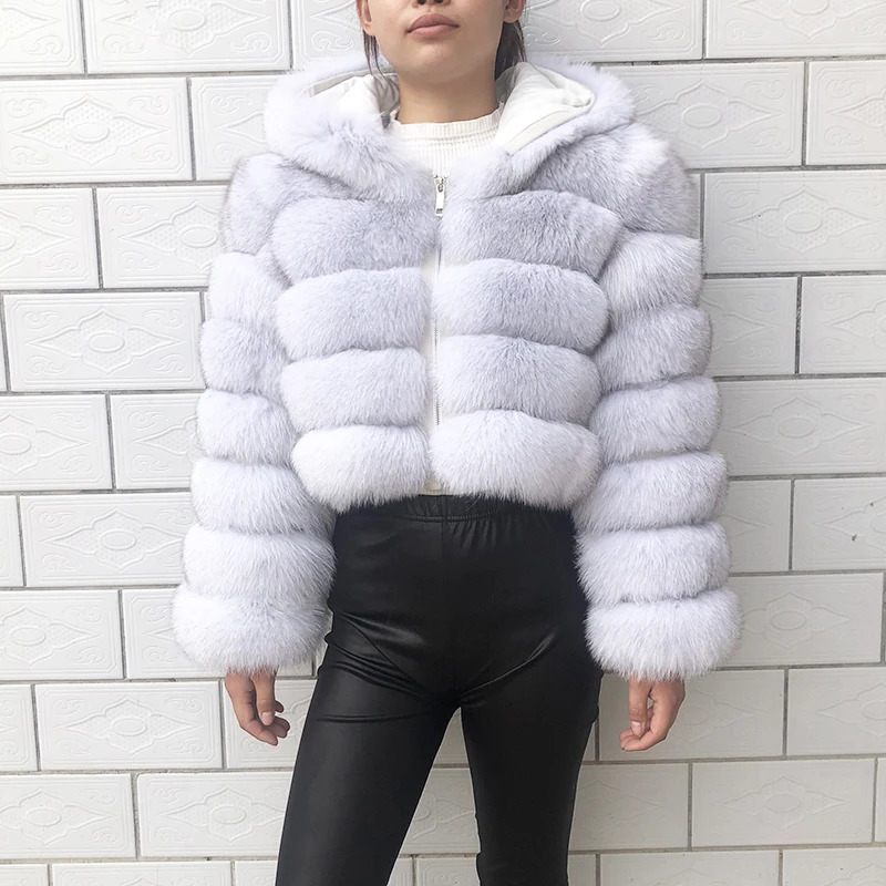 Women's Fur Faux Coat With Hood Winter Women Real Selling Style Cropped Clothing 231114