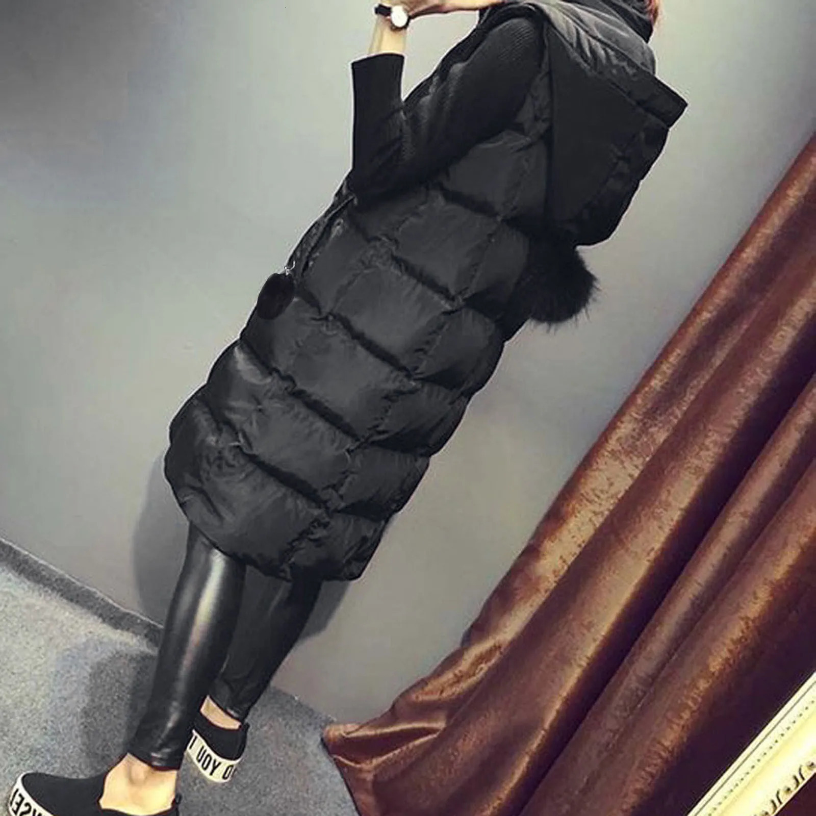 Women's Vests Autumn Winter Women Long Parkas Vest Warm Black Zipper Hooded Down Coat Parka Ladies Sleeveless Waistcoat Jacket Outwear 231115