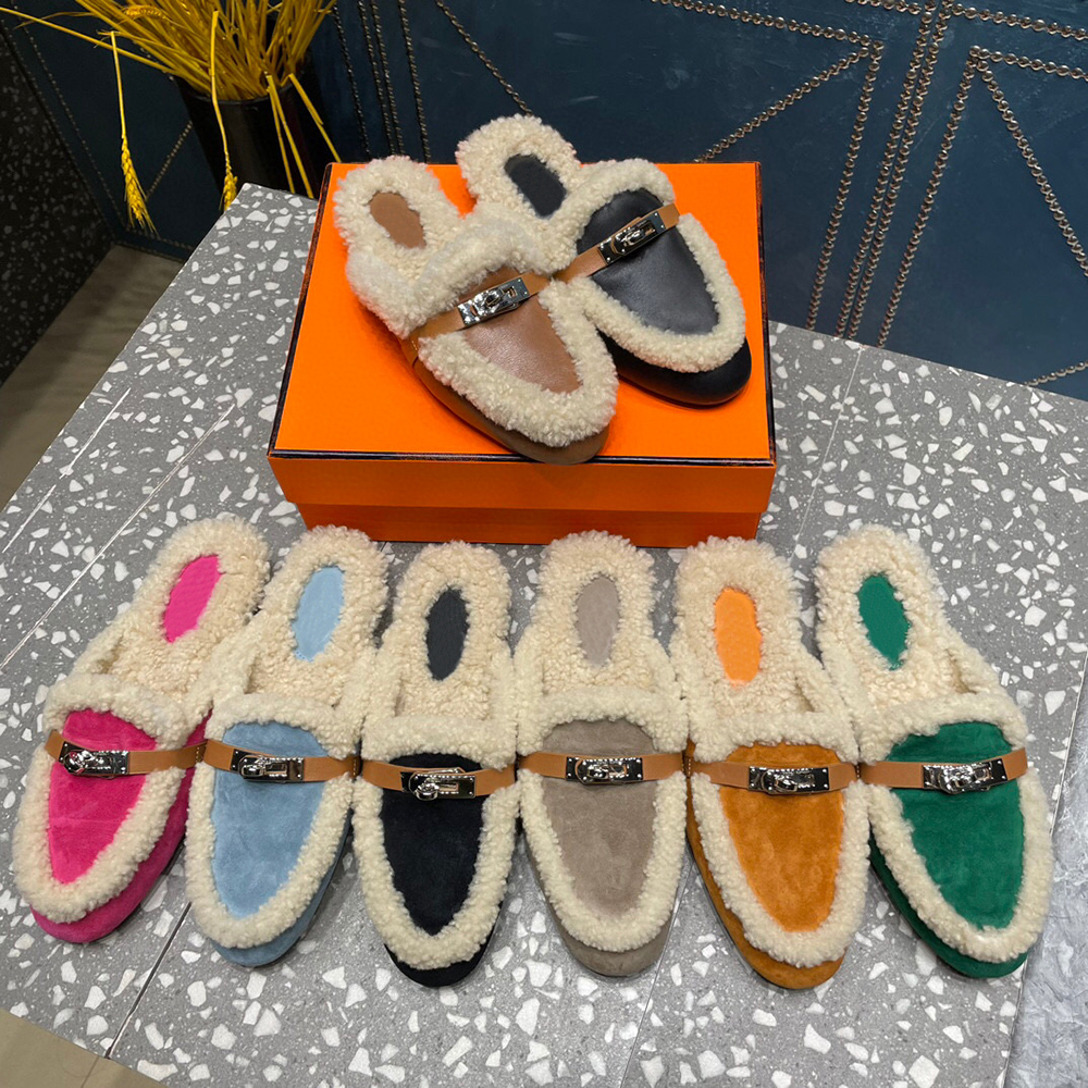 Buckle embellished suede slippers Moccasins shearling Mules Closed toe shoes casual slip on flats for Calfskin Leather women Luxury Designers shoe With box