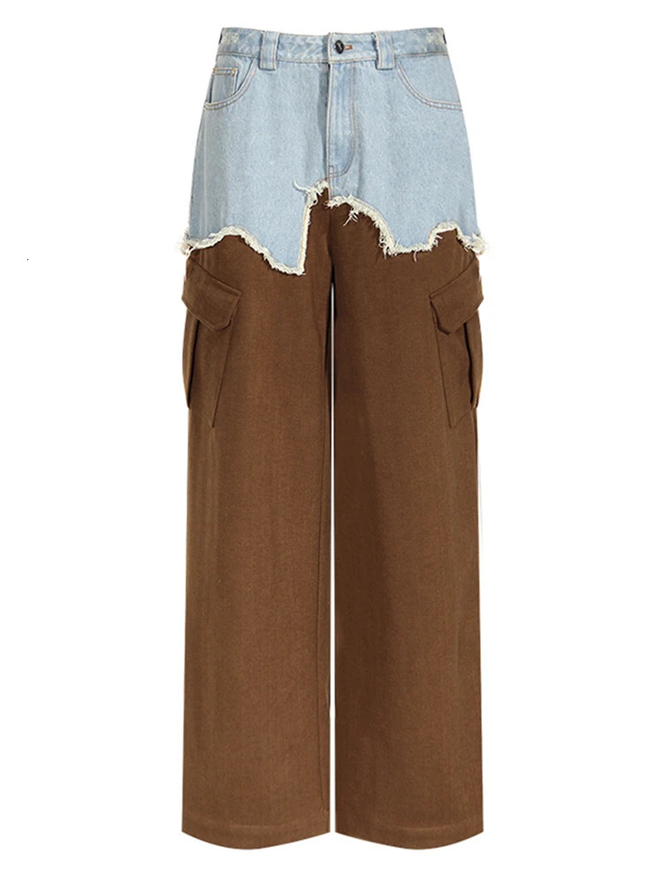 Women s Two Piece Pants EAM Brown Denim Short Blazer Wide Leg Suit Lapel Long Sleeve Women Fashion Spring Autumn 2023 7AB2008 231114