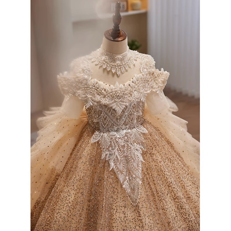 Luxurious Tutu Flower Girl Dresses Gold Crystals Pearls Necklace Lace Beaded Tiers Tulle Lilttle Kids Birthday Pageant Multilayer Sweep Train Weddding