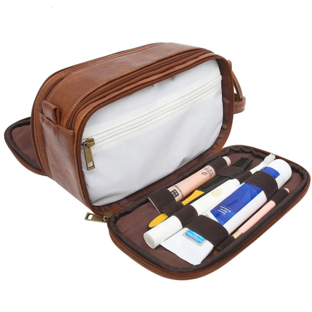 Bags Cases Waterproof Vintage Men Leather Toiletry Travel Wash Case Pouch Shaving Dopp Kit Bathroom PU Makeup Organizer Cosmetic Bag 231115 zhanyishen