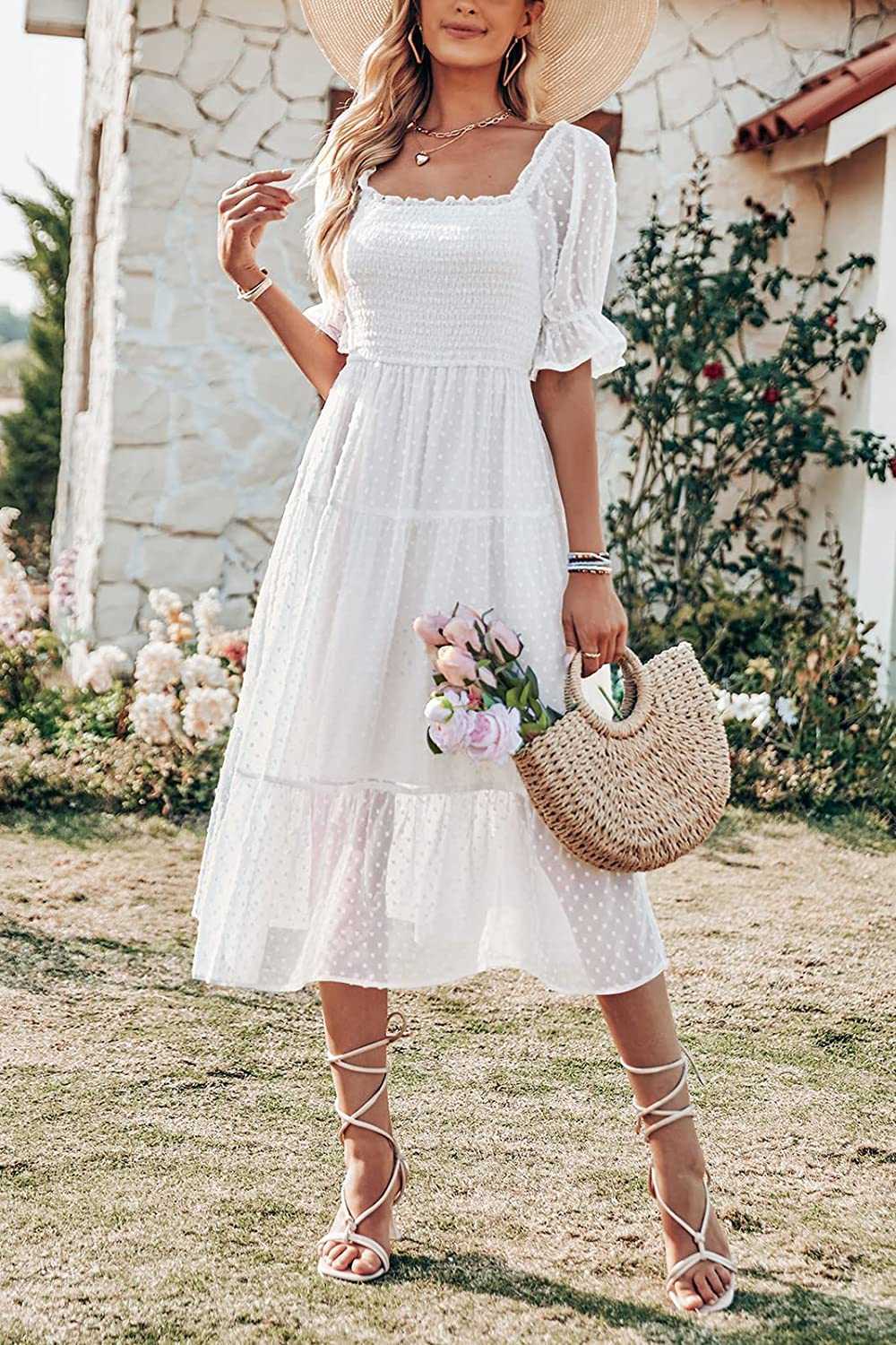 Fashion Women's Casual Dresses Summer Square Neck Puff Sleeve Boho Midi Dress Swiss Dot Ruffle Flowy Tie Back Dress