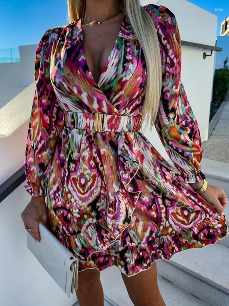 Casual Dresses Women Party Dress 2023 Loungewear Deep V-Neck Slim Fit Printing Fashion Mini Three Quarter Lantern Sleeve Ladies