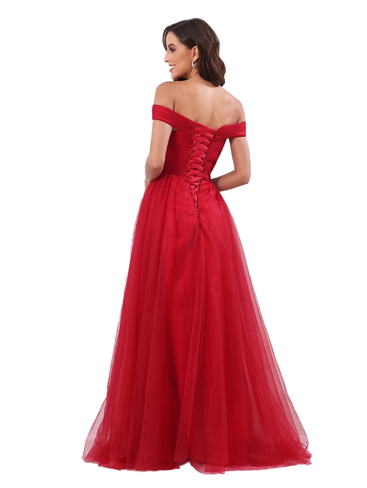 Elegant Burgundy Evening Dress 2024 Off Shoulder Pleats Lace Up Floor Length Tulle A-line Formal Prom Party Gowns Robe De Soiree