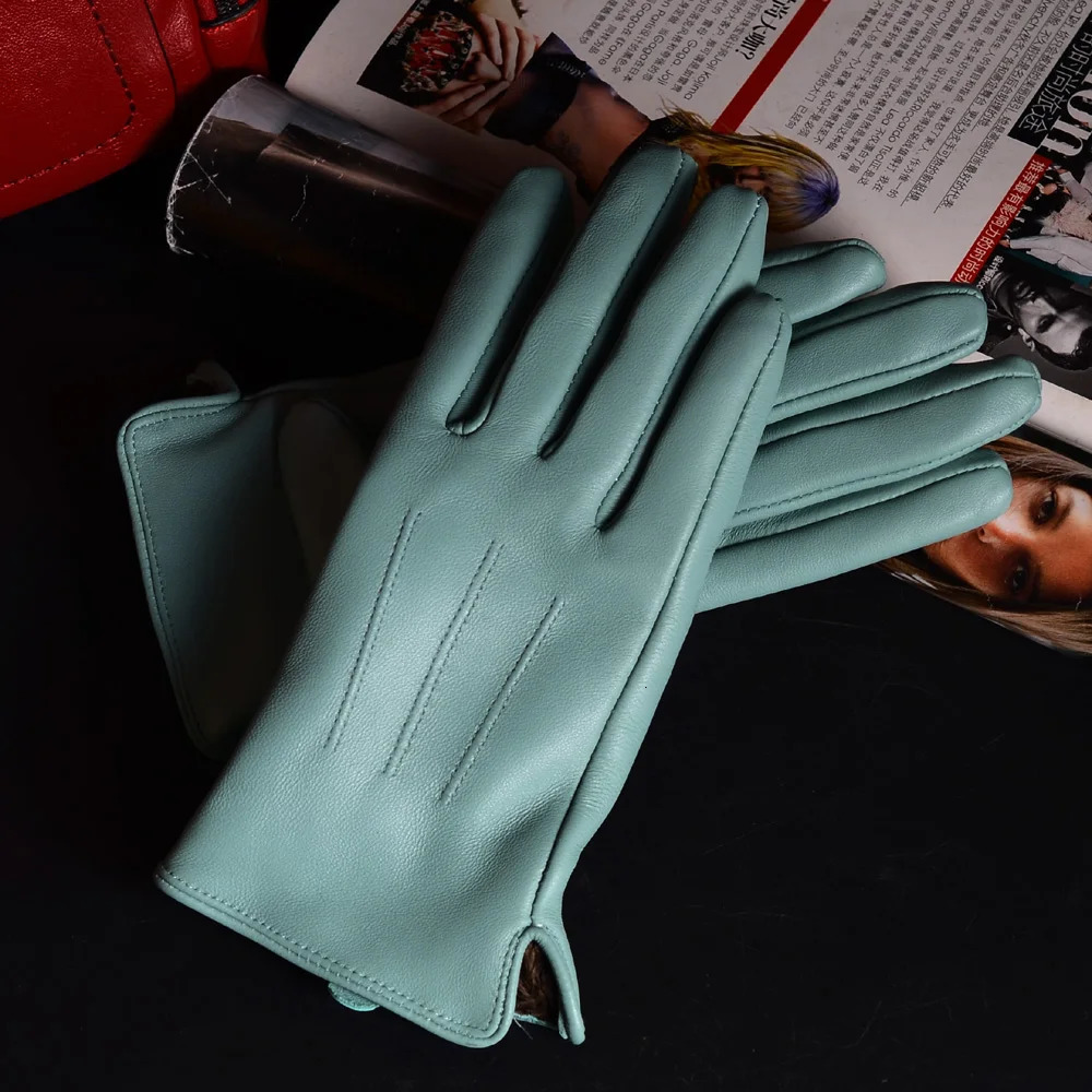 Five Fingers Gloves Women's Ladies 100% Real Leather Sheep skin Elegant Winter Warm Thick Lining White Pink Colorful Cute Outdoor Short Gloves 23