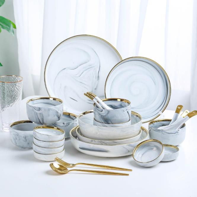 Europe Electroplating Marble Phnom Penh Ceramica Plate Western-style Snack Salad Disc Household Soup Bowl Tableware