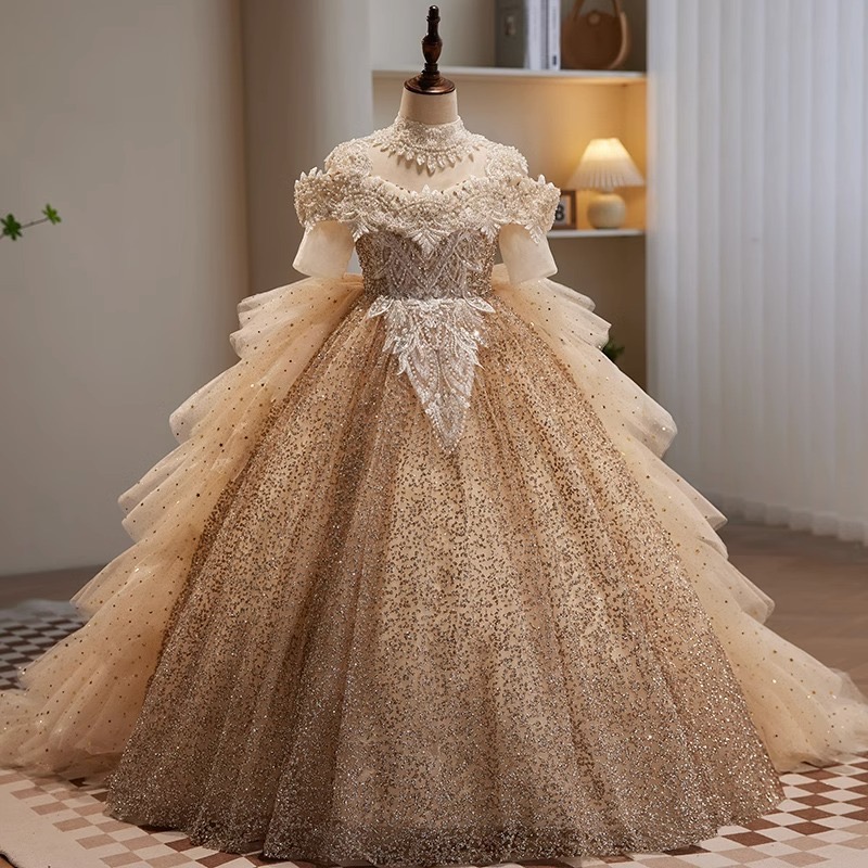 Luxurious Tutu Flower Girl Dresses Gold Crystals Pearls Necklace Lace Beaded Tiers Tulle Lilttle Kids Birthday Pageant Multilayer Sweep Train Weddding