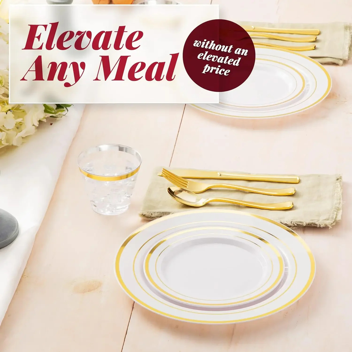 Disposable Flatware 600 Piece Gold Plastic Dinnerware Set 100 Guests Plates for Party 231115