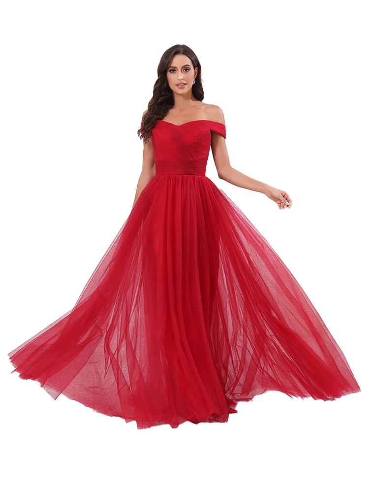 Elegant Burgundy Evening Dress 2024 Off Shoulder Pleats Lace Up Floor Length Tulle A-line Formal Prom Party Gowns Robe De Soiree