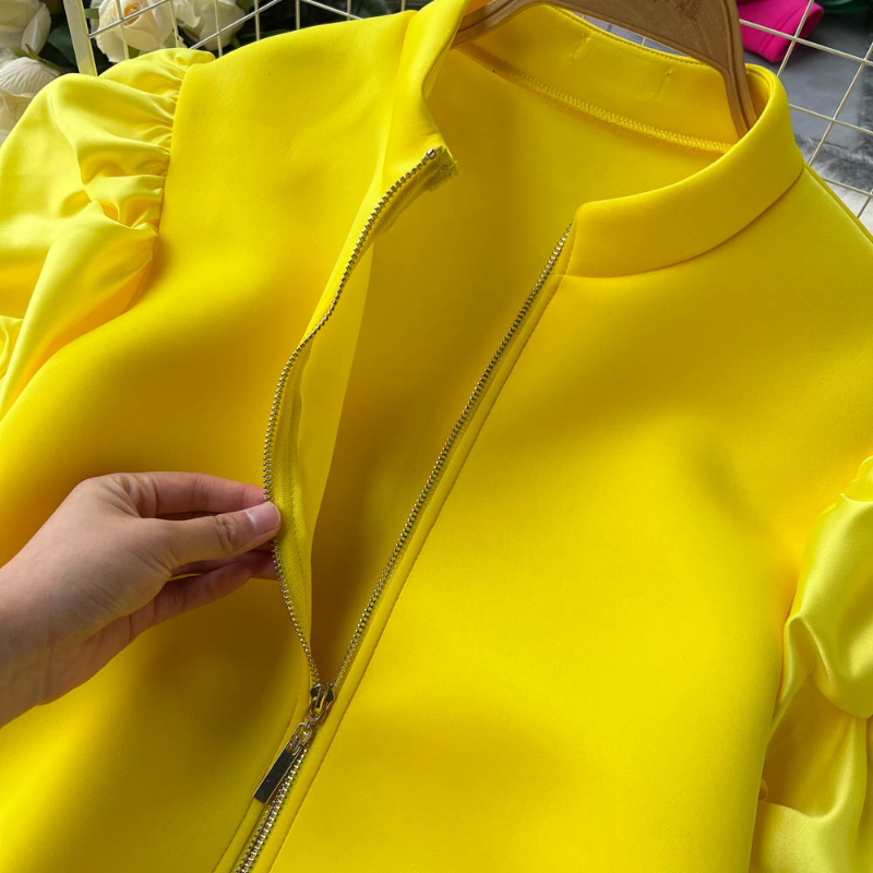 Women's Blouses Vestidos De Mujer Elegant Stand Neck Pleated Puff Long Sleeve Robe Femme Solid Color Zipper Loose Casual Dresses 2024