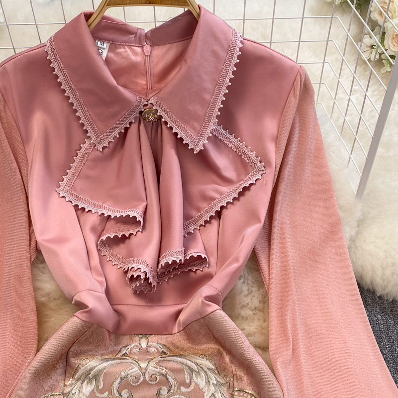 Casual Dresses High Quality Fashion Pink Women's Dress Elegant Spring Flower Embroidery Ruffles Peter Pan Collar Bodycon Party Vestidos 2023