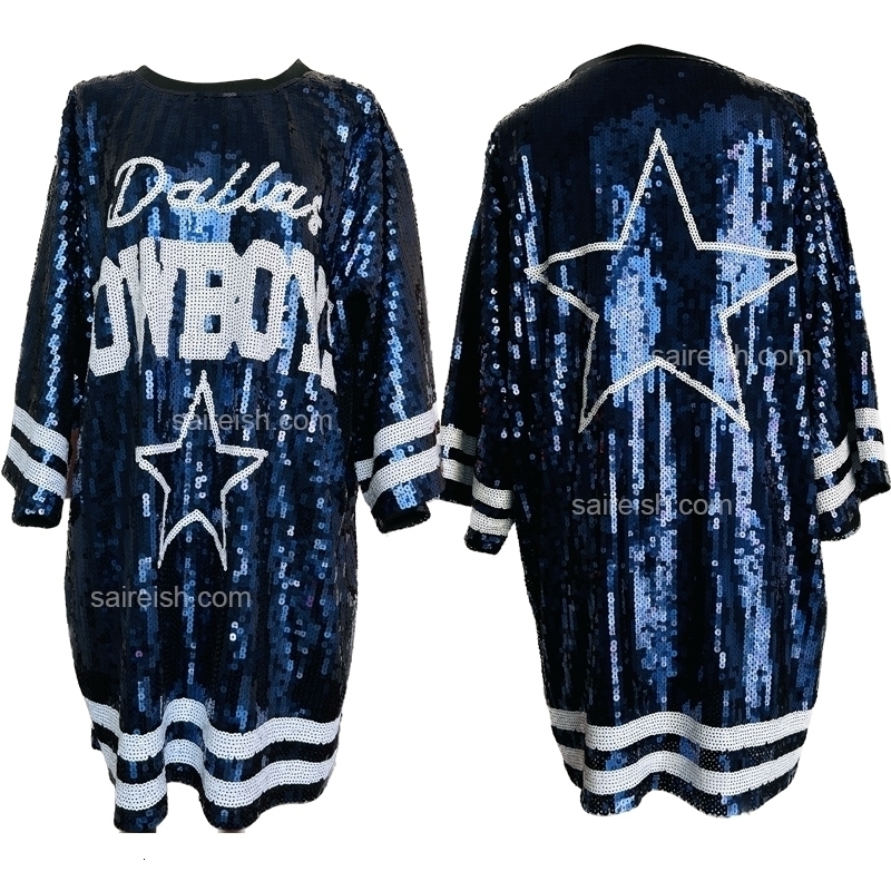 Basic Casual Dresses Geme day Women Blue Stars Sequin Shirts Dress 231113