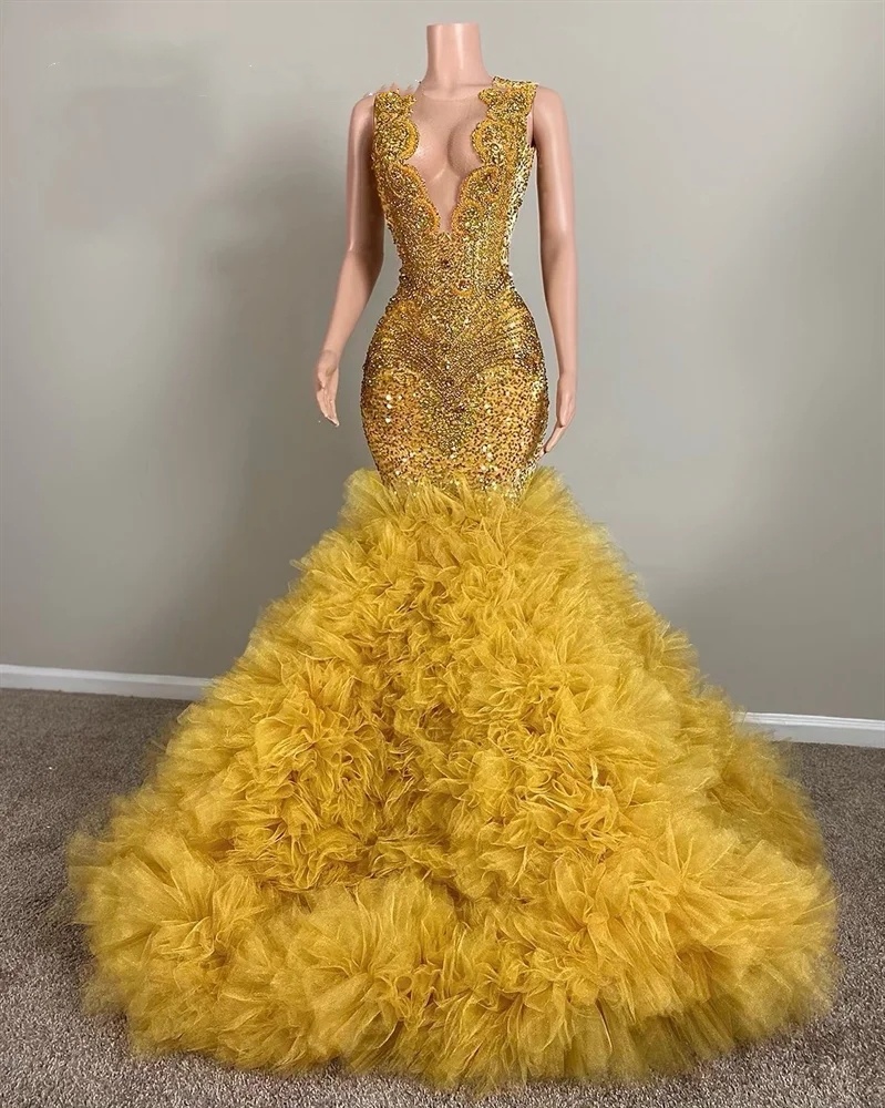 Neck O Yellow Long Prom Dress For Black Girls Beaded Birthday Party Dresses Crystal Evening Gowns Ruffles Robe De Bal Es 0226Lz