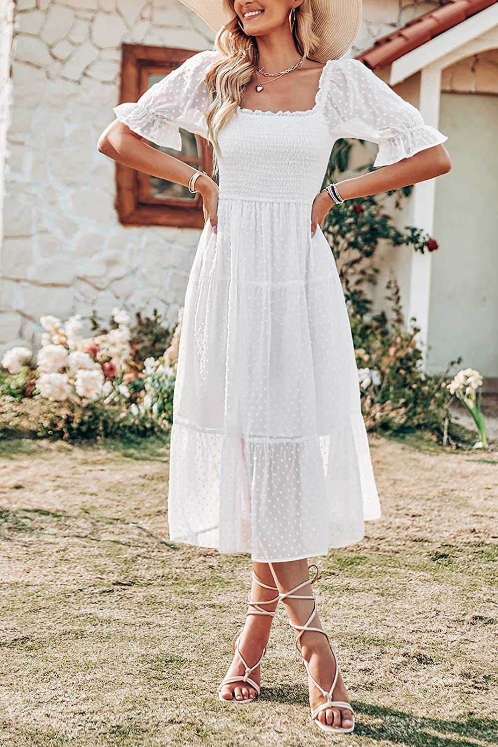 Fashion Women's Casual Dresses Summer Square Neck Puff Sleeve Boho Midi Dress Swiss Dot Ruffle Flowy Tie Back Dress