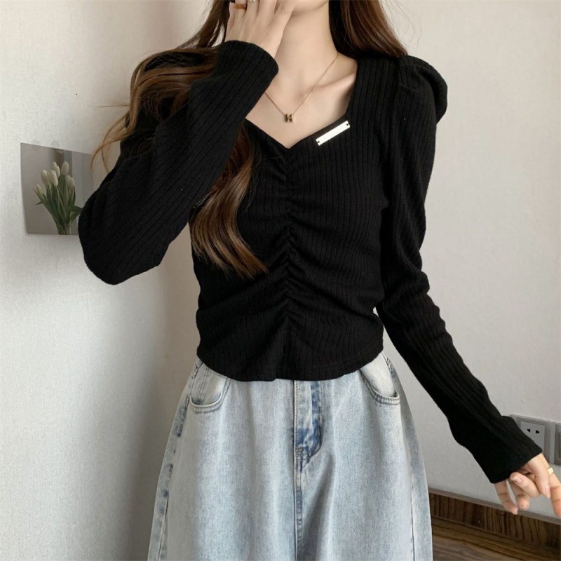 Pleated Short Sexy White Shirt Tops Female Spring Office Casual Blouse Shirts Women Puff Sleeve Solid V-Neck Blosues 12961 210508