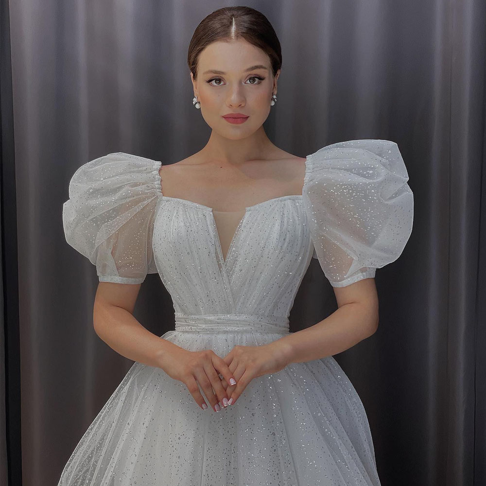Glitter Short Puffy Sleeve A Line Wedding Dresses Pleat Boho Bridal Gown Sweetheart Sweep Train Robe De Mariee 0516