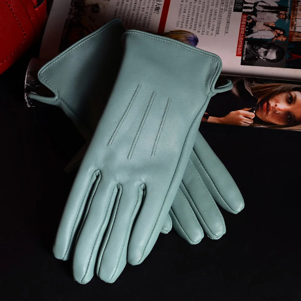 Five Fingers Gloves Women's Ladies 100% Real Leather Sheep skin Elegant Winter Warm Thick Lining White Pink Colorful Cute Outdoor Short Gloves 23