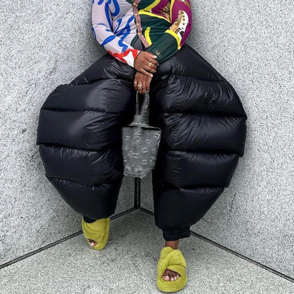 Women s Pants High Waist Cotton Padded Puff Winter Warm Black Casual Trousers 2023 Fall Harajuku Fairy Grunge Clothes 231114