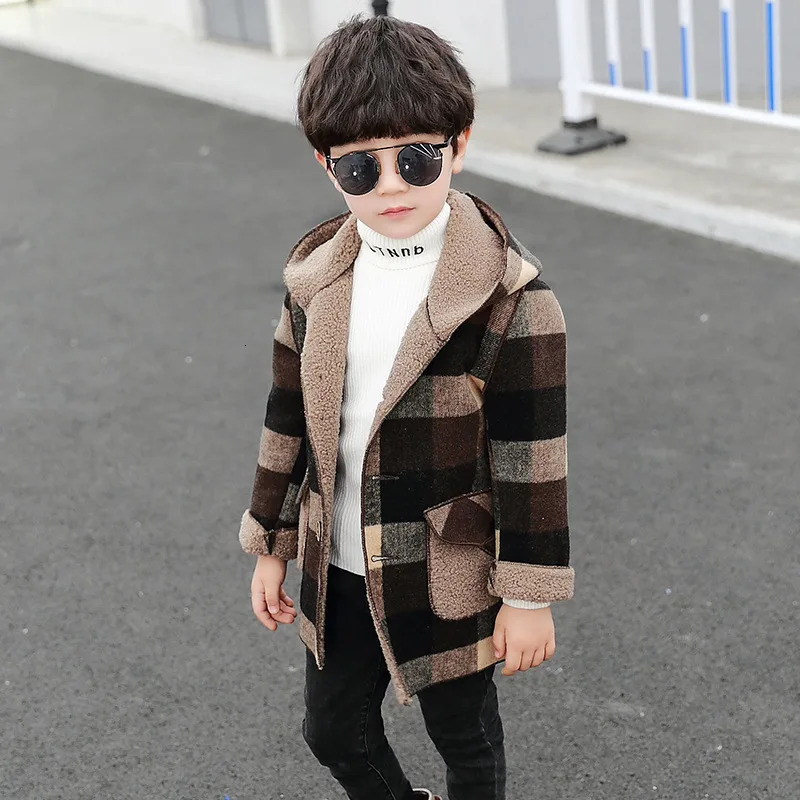 Coat Fashion Boys Clothing Jackets Autumn Winter Parka Clothes Medium Long Windbreaker Plaid Thicken Lamb Children Woolen Coats 231115