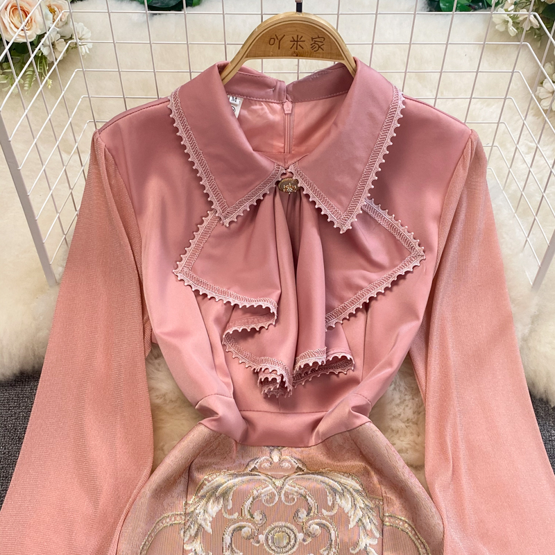 Casual Dresses High Quality Fashion Pink Women's Dress Elegant Spring Flower Embroidery Ruffles Peter Pan Collar Bodycon Party Vestidos 2023