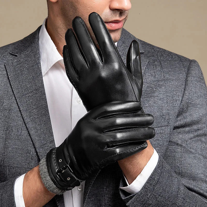 Five Fingers Gloves Genuine Leather Gloves For Men Male Sheepskin Touch Screen Winter Warm Windproof Mittens Driving Cycling Motorcycle Men's Glo