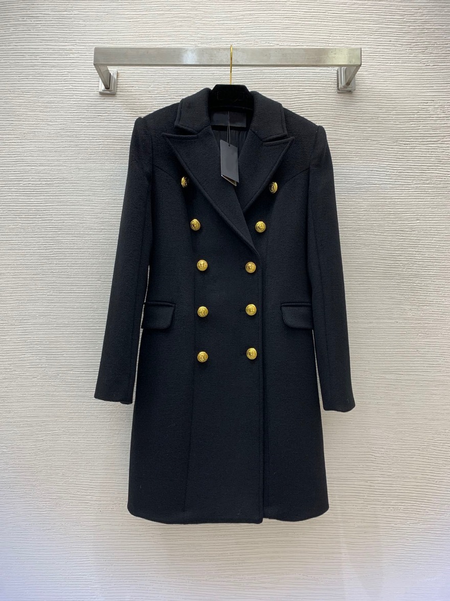 Autumn Black Solid Color 80% Wool Blends Outwear Coat Long Sleeve Notched-Lapel Buttons Double-Breasted Long Outwear Coats B3N101756