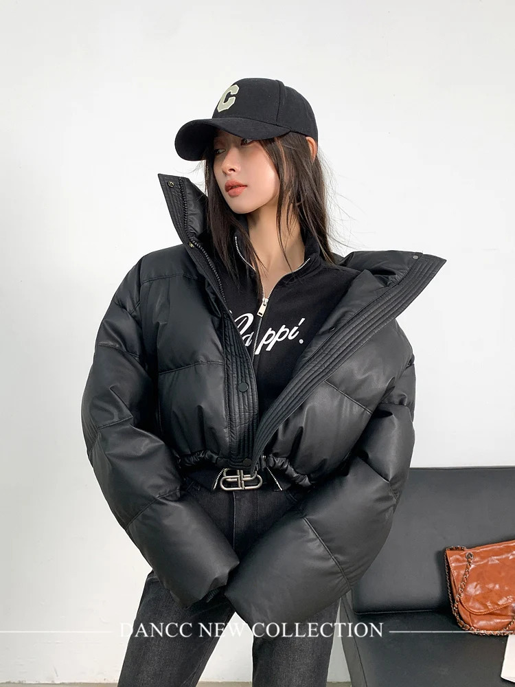 Women s Down Parkas Jmprs American Biker Women Pu Puffy Coat Winter Retro Cropped Casual Thick Warm Lady Long Sleeve Loose Cotton Coats 231114