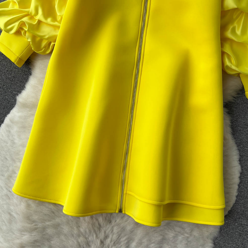 Women's Blouses Vestidos De Mujer Elegant Stand Neck Pleated Puff Long Sleeve Robe Femme Solid Color Zipper Loose Casual Dresses 2024