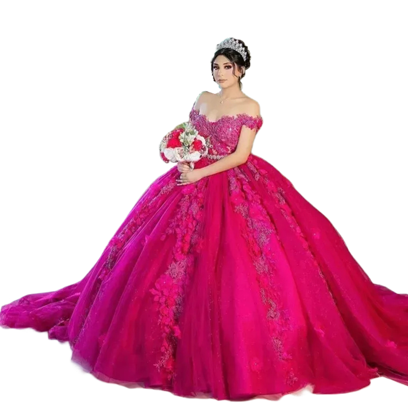 2024 3D Floral Appliques Princess Quinceanera Dresses Fuchsia Off The Shoulder Sweet 16 Dress Ball Gown Long Tulle Prom Special Occasion Brithday Vest