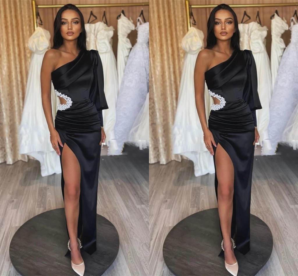 Black New Mermaid Evening Dress One Shoulder Pearls Puff Sleeves Side Slit Satin Long Women Formal Prom Party Gowns Robe De Soiree