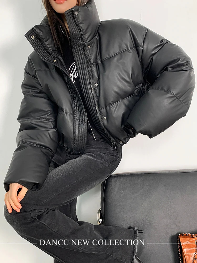 Women s Down Parkas Jmprs American Biker Women Pu Puffy Coat Winter Retro Cropped Casual Thick Warm Lady Long Sleeve Loose Cotton Coats 231114