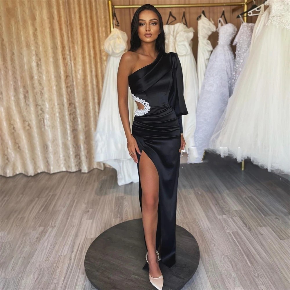 Black New Mermaid Evening Dress One Shoulder Pearls Puff Sleeves Side Slit Satin Long Women Formal Prom Party Gowns Robe De Soiree