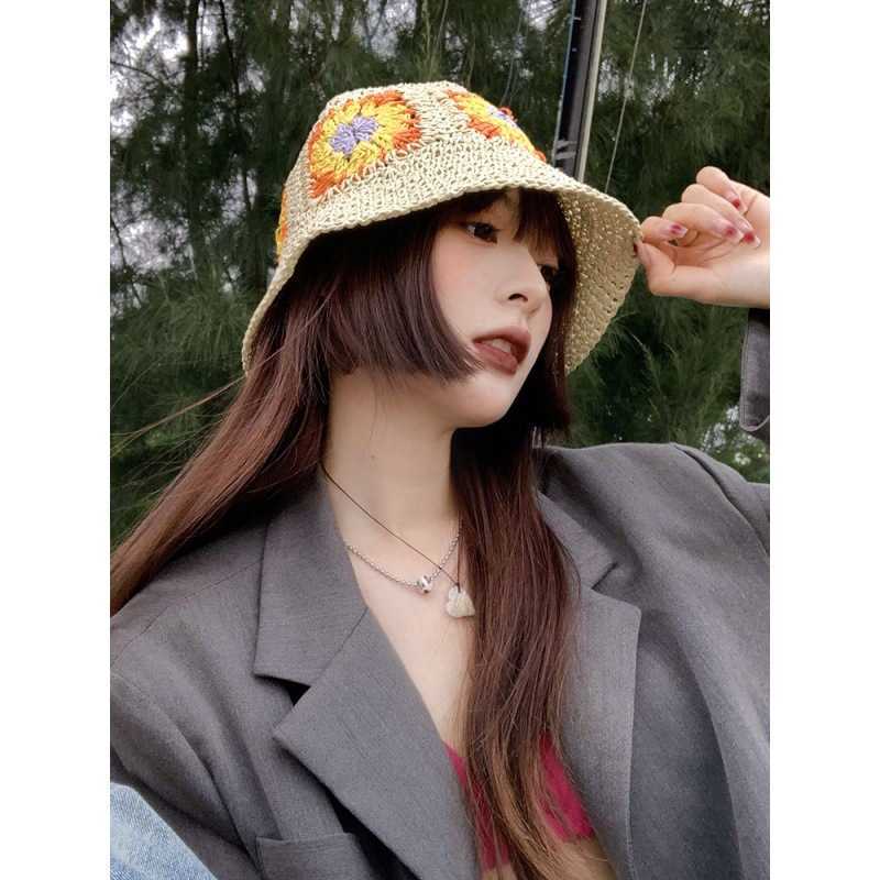Wide Brim Hats Japan Korea Crochet Sun Hat Women Summer Flowers Pure Hand Woven Straw Beach Hat Sunshade Fisherman Caps Breathable Bucket Hat AA230414
