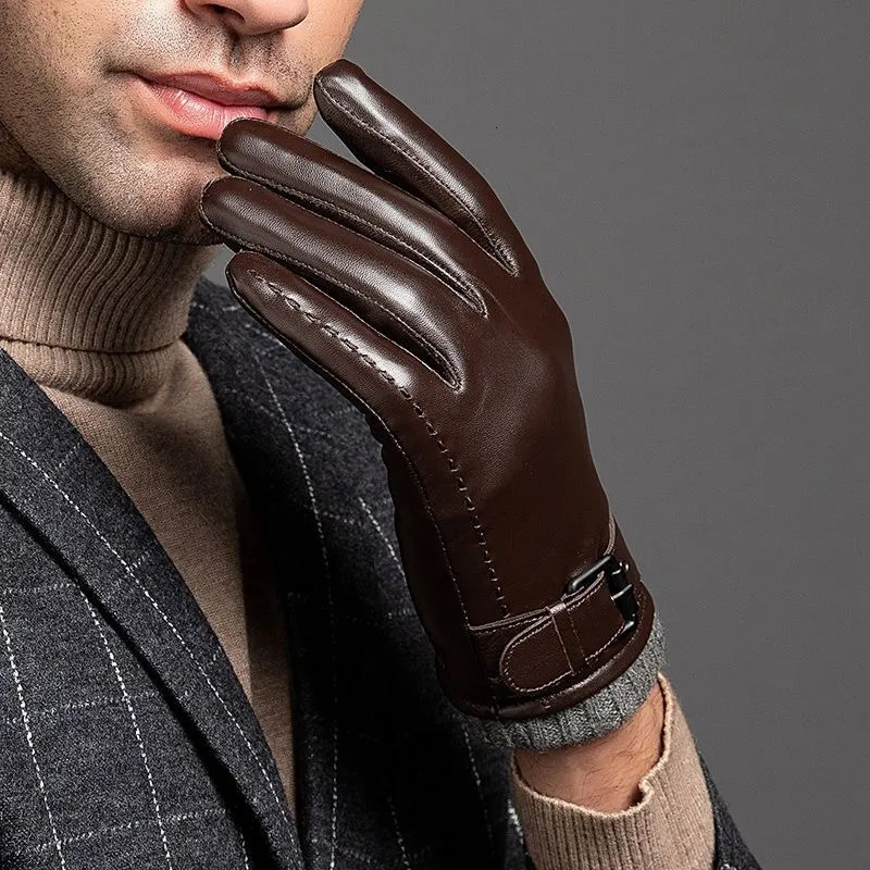 Five Fingers Gloves Genuine Leather Gloves For Men Male Sheepskin Touch Screen Winter Warm Windproof Mittens Driving Cycling Motorcycle Men's Glo