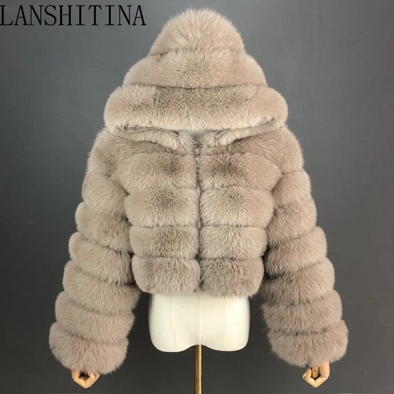 Women's Fur Faux Coat With Hood Winter Women Real Selling Style Cropped Clothing 231114