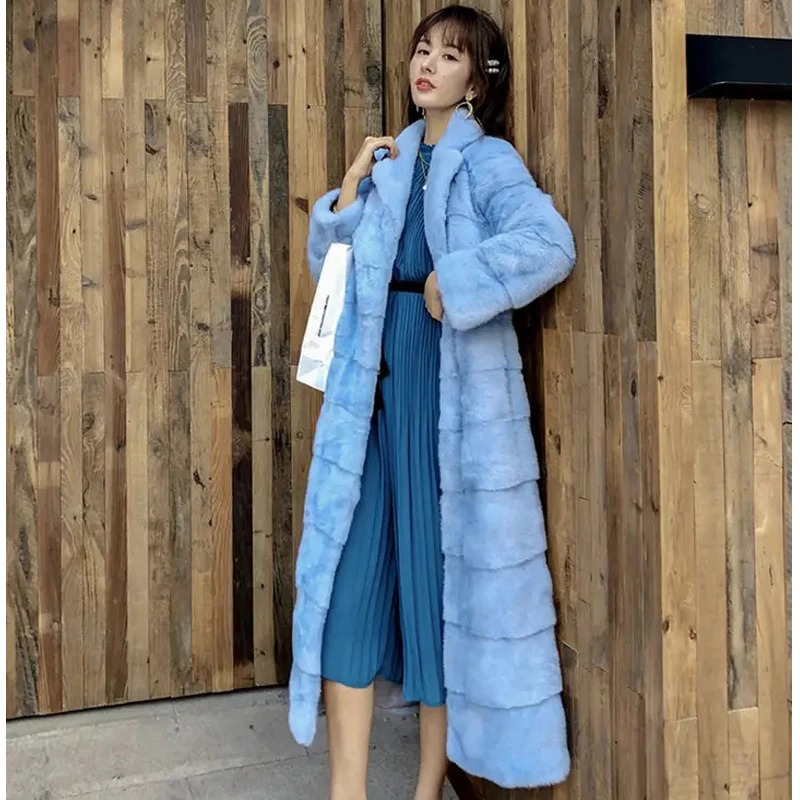 Women's Fur Faux HDHOHR 2023 Real Whole Mink XLong Coat Factory Direct Sale Winter Slim Warm Female Long Turndown Collar Jacket 231114