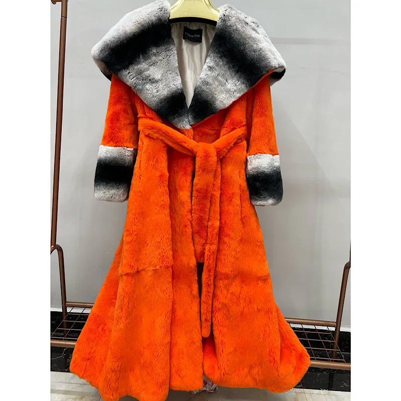 Women's Fur Faux 2023 Winter Women Real Rex Rabbit Turndown Collar Long Coats With Natural Skin Genuine Jackets Overcoat Fashion 231114