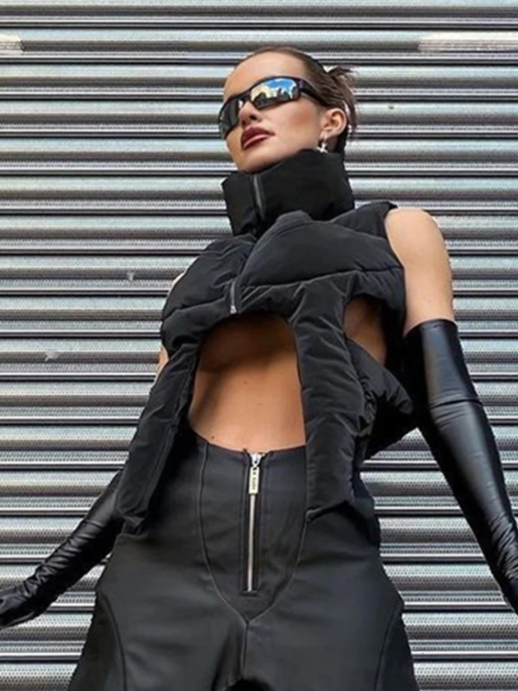 Women s Vests DEAT Fashion Women Cotton padded Coat Stand Collar Hollow Out Zip Black Symmetry Midriff baring Vest Autumn 2023 7AB115 231114