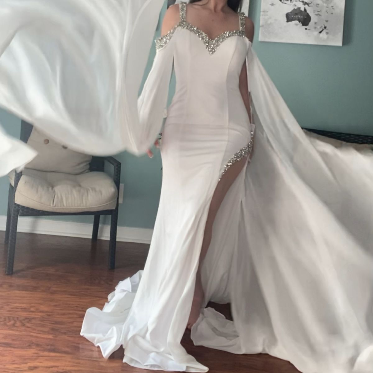 White Prom Dress 2k24 Chiffon Cape Stone Fitted Sexy Miss Pageant Winter Formal Evening Cocktail Party Hoco Gala Gown Mother of Bride Wedding Guest Bl