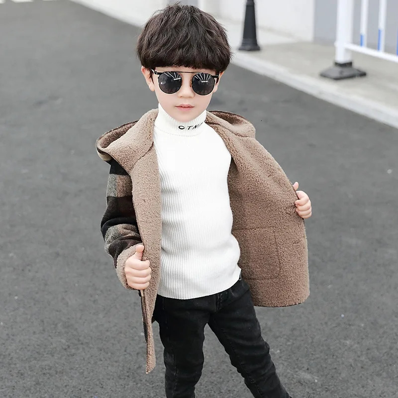 Coat Fashion Boys Clothing Jackets Autumn Winter Parka Clothes Medium Long Windbreaker Plaid Thicken Lamb Children Woolen Coats 231115