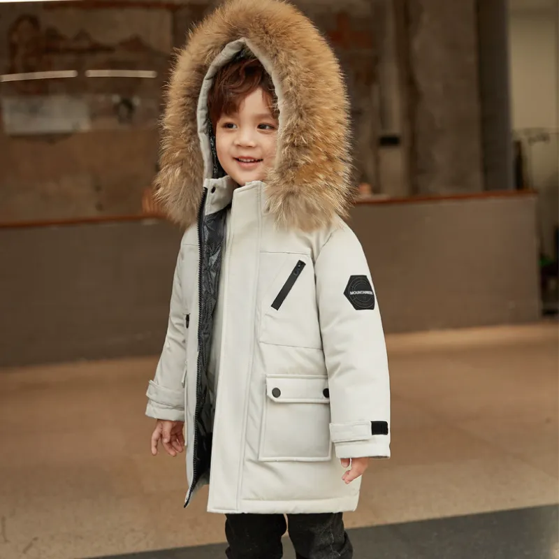 Real Fur White Duck Down Coats 2024 Winter Children Midi Length Down Jacket New Warm Kids Boys Thicken Coat Hooded Baby Snowsuit
