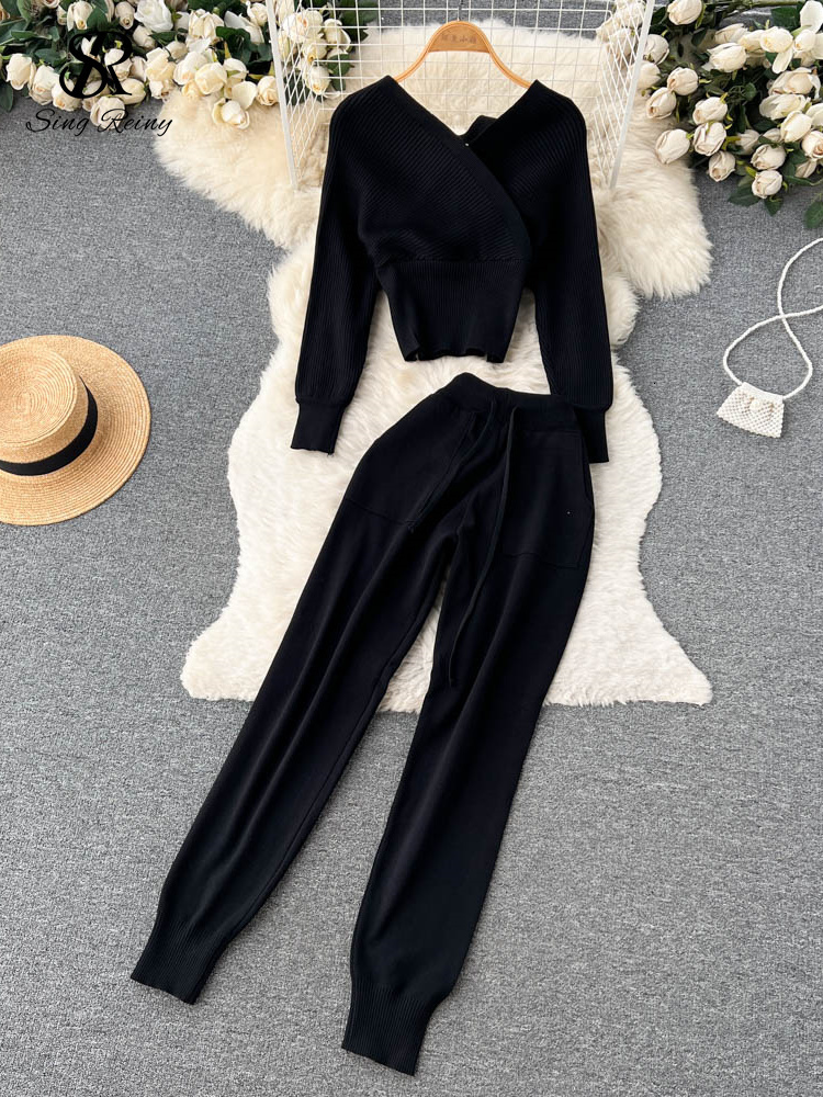 Women's Two Piece Pants SINGREINY Winter Casual Knitted Two Pieces Sutis V Neck Long Sleeve Sweater Elastic Casual Long Pants Sets Women Sweater 