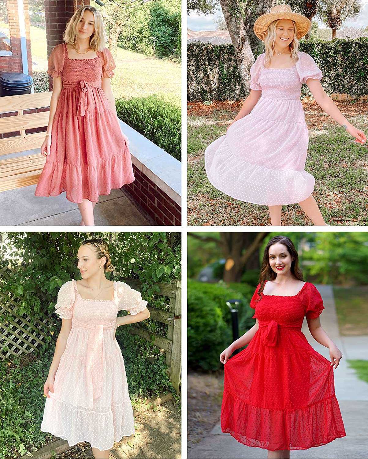 Fashion Women's Casual Dresses Summer Square Neck Puff Sleeve Boho Midi Dress Swiss Dot Ruffle Flowy Tie Back Dress