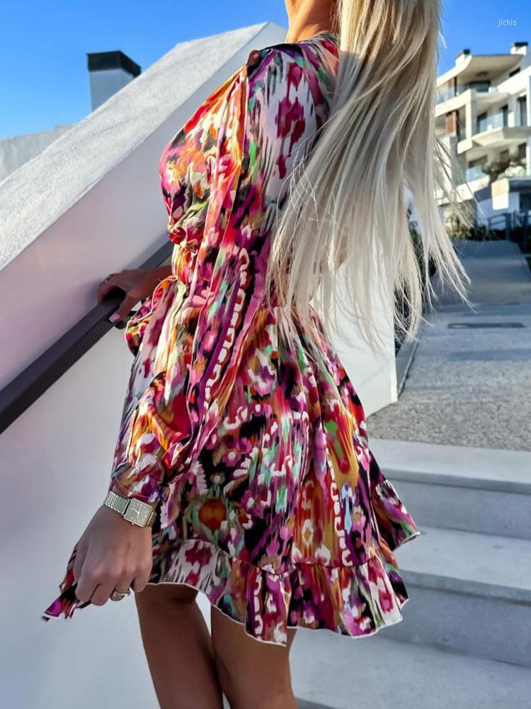 Casual Dresses Women Party Dress 2023 Loungewear Deep V-Neck Slim Fit Printing Fashion Mini Three Quarter Lantern Sleeve Ladies