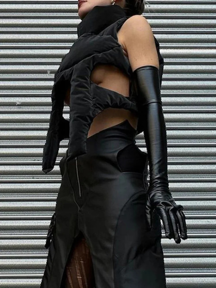 Women s Vests DEAT Fashion Women Cotton padded Coat Stand Collar Hollow Out Zip Black Symmetry Midriff baring Vest Autumn 2023 7AB115 231114