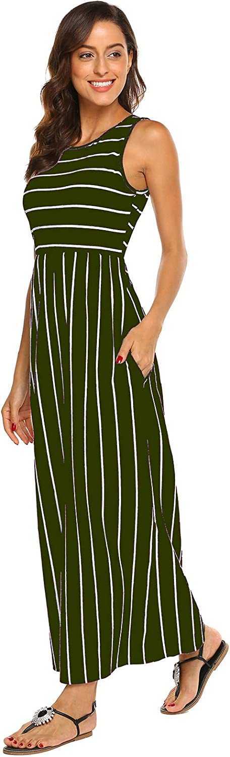 Women's Summer New Sleeveless Striped Flowy Casual Long Maxi Dress With Pockets Casual Favourite Fashion New Arrivals