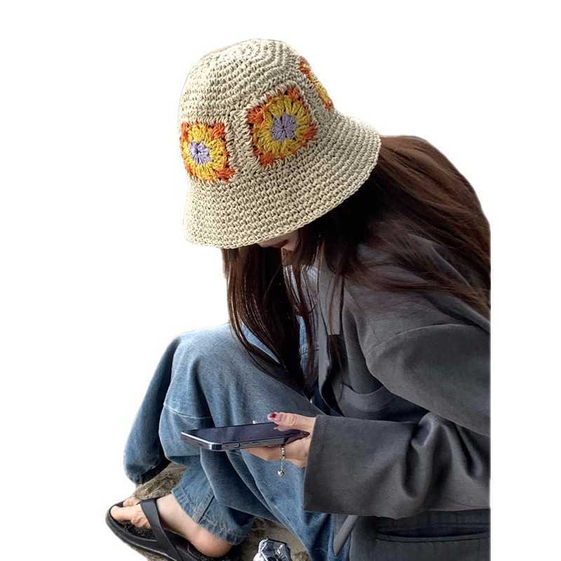 Wide Brim Hats Japan Korea Crochet Sun Hat Women Summer Flowers Pure Hand Woven Straw Beach Hat Sunshade Fisherman Caps Breathable Bucket Hat AA230414